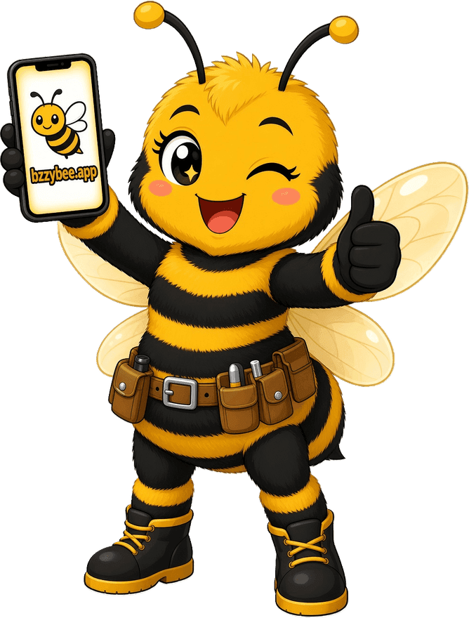 Buzz the worker bee wears a tool belt and gives a thumbs up.