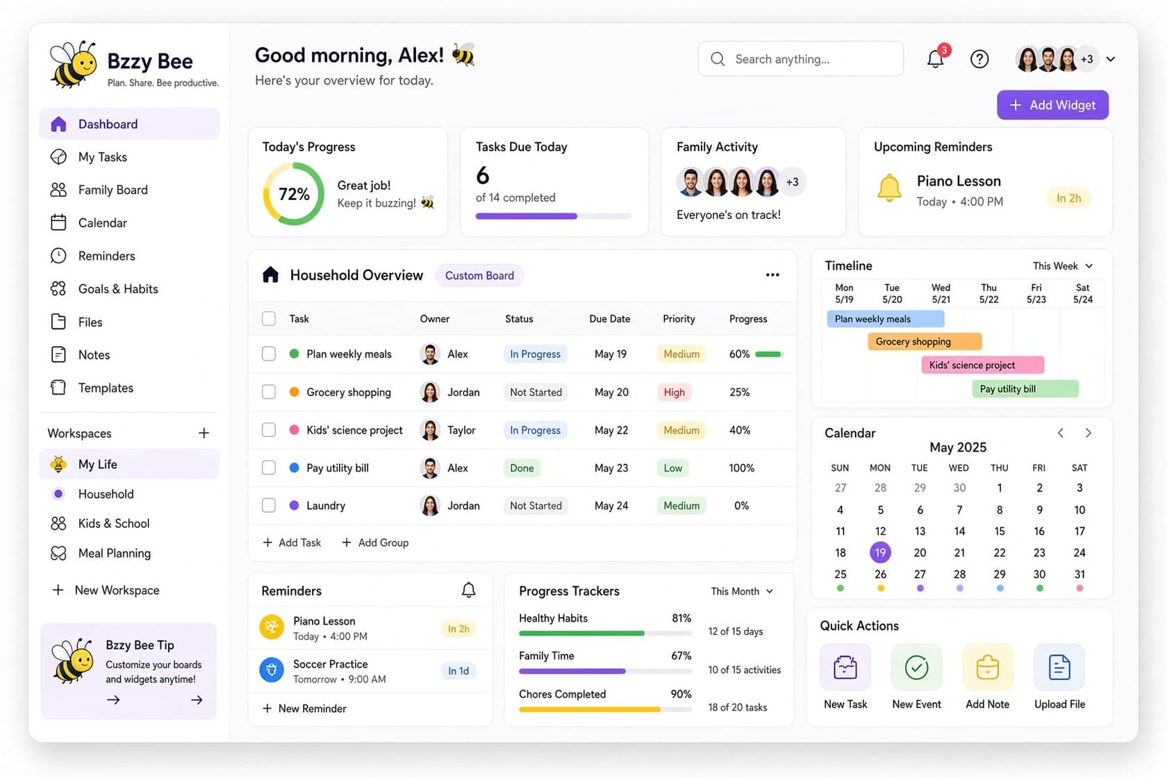 Bzzy Bee hive: sidebar, today’s progress, household board, timeline, calendar, and reminders.