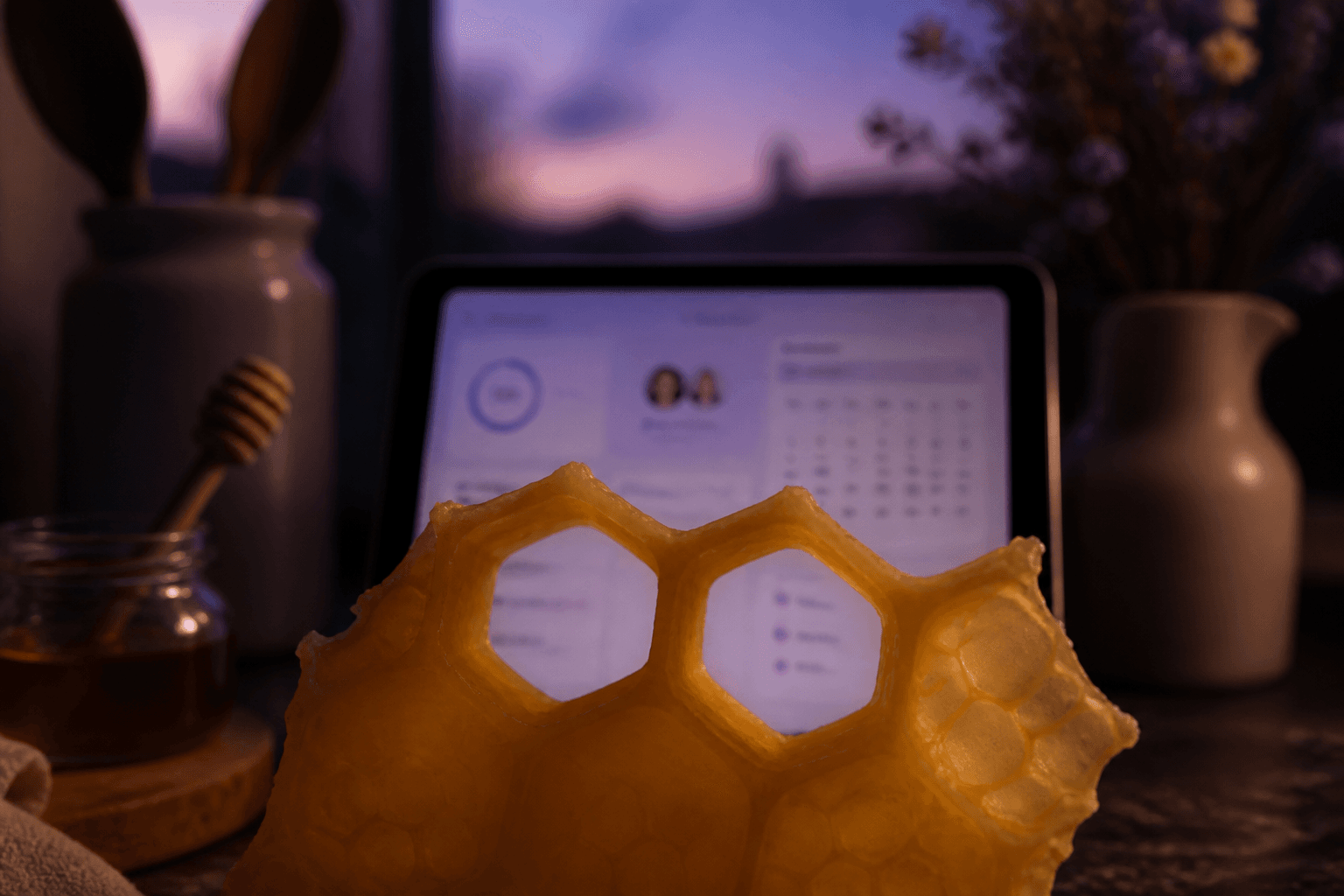 Bzzy Bee open on a tablet at home, seen through a honeycomb window.