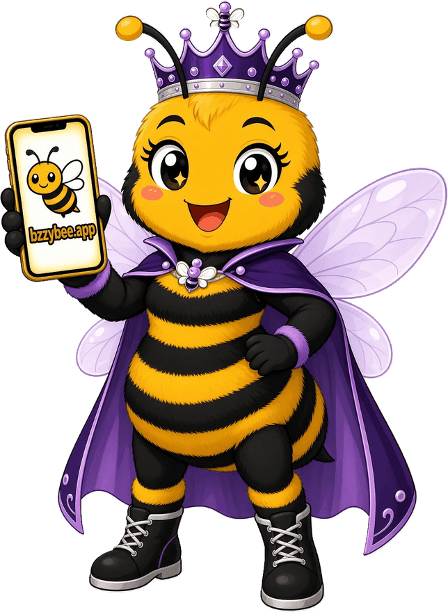Queen Bee in a purple cape and jeweled crown, holding a phone.