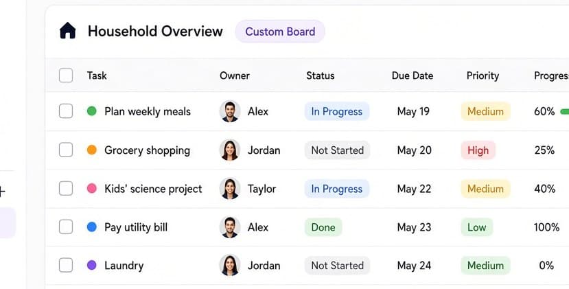 Household Overview table with owners, status, and progress.