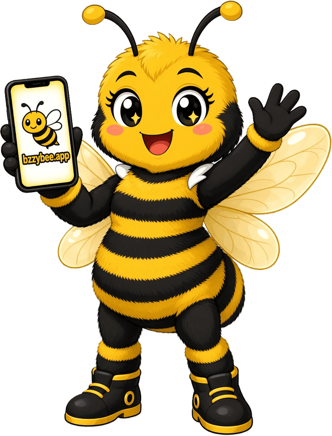 Zee the Bzzy Bee waves while holding a phone showing bzzybee.app.