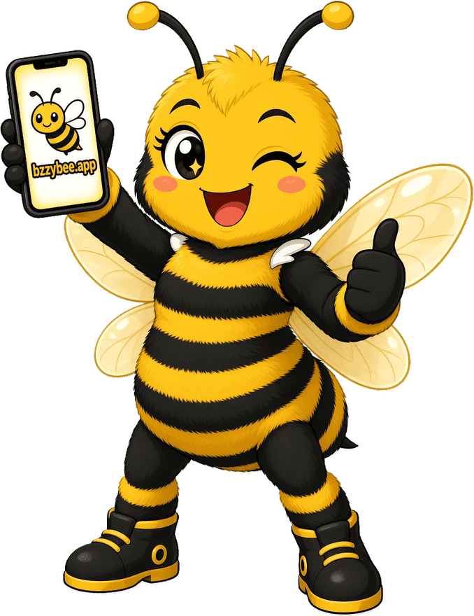Zee the Bzzy Bee winks and gives a thumbs up while holding a phone.